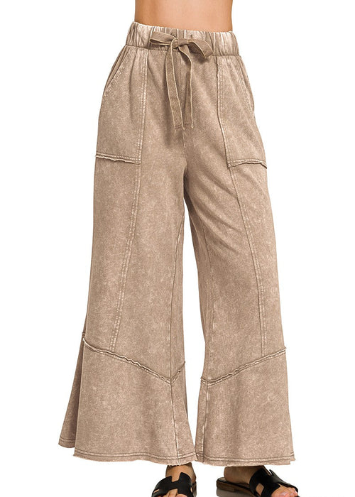 Beige Exposed-Seam Flare Hem Pants With Pockets