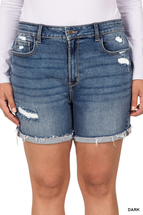 PLUS Distressed Cuffed Raw Hem Denim Shorts