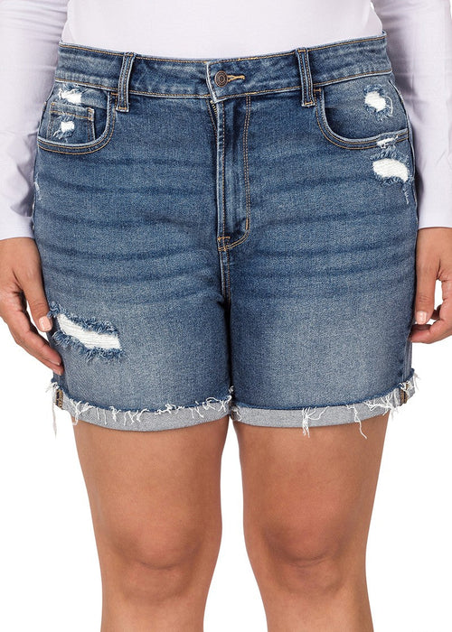 PLUS Distressed Cuffed Raw Hem Denim Shorts