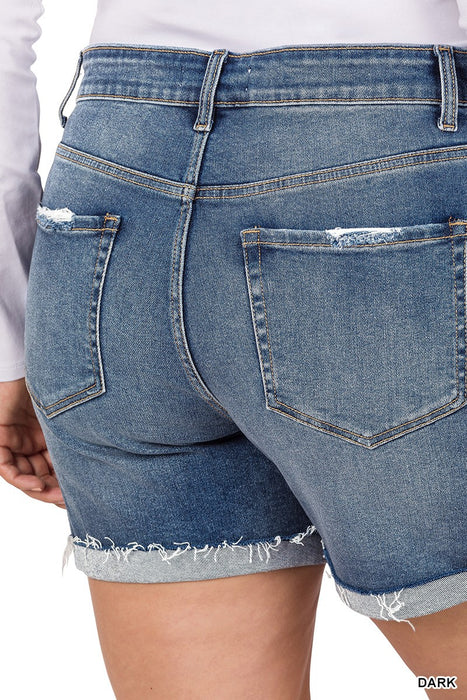 PLUS Distressed Cuffed Raw Hem Denim Shorts