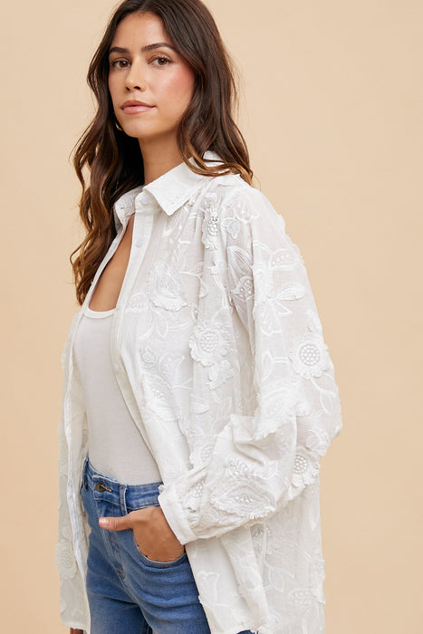 Flower Applique Oversized Button Down Shirt