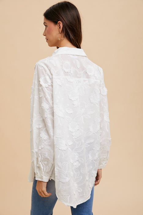 Flower Applique Oversized Button Down Shirt