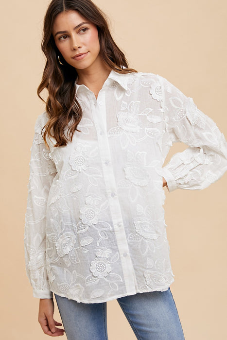 Flower Applique Oversized Button Down Shirt
