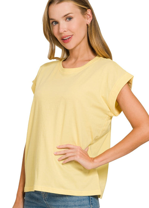 Butter Yellow Round Neck Folded Short Sleeve T-shirt
