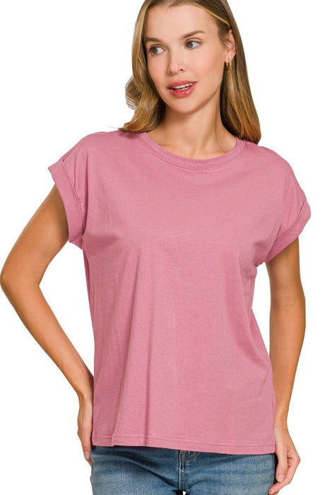 Pink Round Neck Folded Short Sleeve T-shirt
