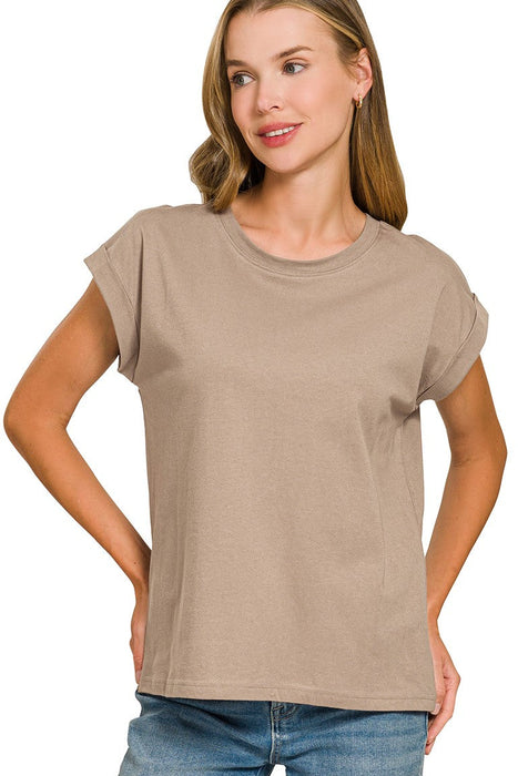 Cocoa Round Neck Folded Short Sleeve T-shirt