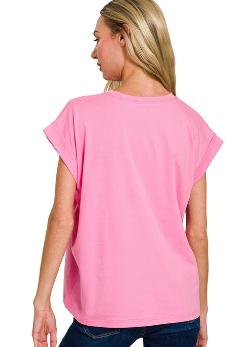 Butter Yellow Round Neck Folded Short Sleeve T-shirt