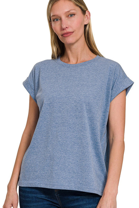 Heather Blue Round Neck Folded Short Sleeve T-shirt