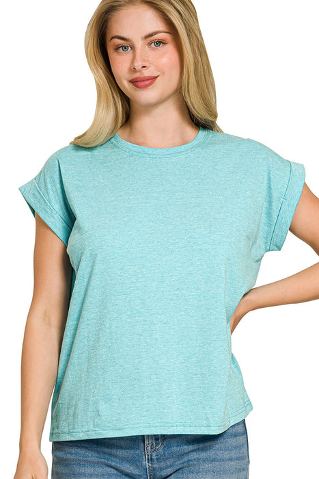 Heather Light Teal Round Neck Folded Short Sleeve T-shirt