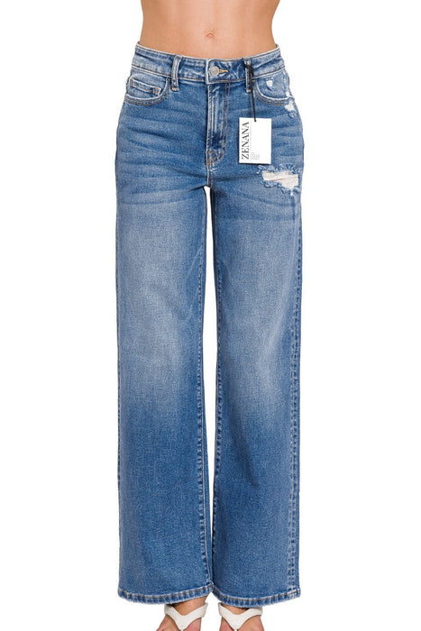 High Waist Straight Leg Medium Wash Denim Pants