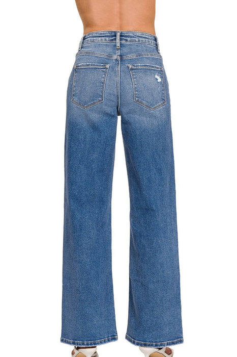 High Waist Straight Leg Medium Wash Denim Pants