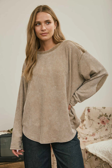 Taupe Boxy Textured Long Sleeve Washed Knit Top