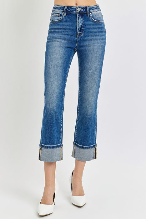 High Rise Ankle Straight Cuffed Jeans