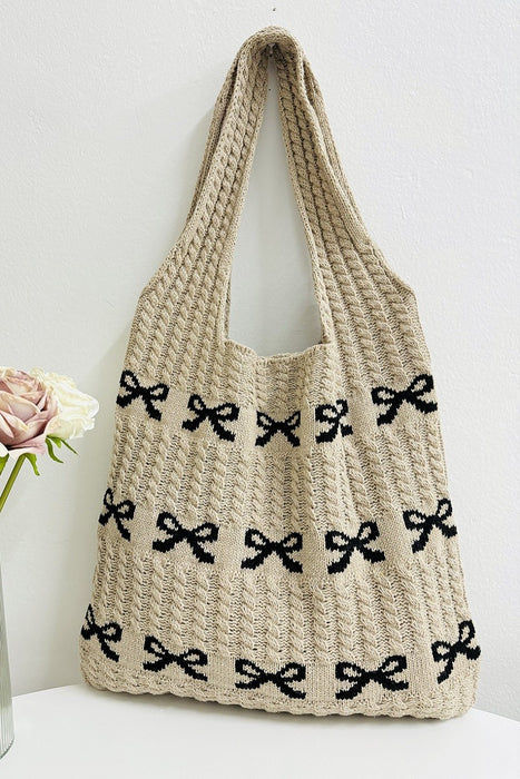 Bow Pattern Knitted Woven Crochet Tote Bag