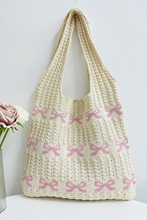 Bow Pattern Knitted Woven Crochet Tote Bag