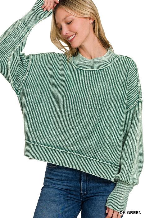 Dark Green Washed Side Slit Oversized Cropped Sweater