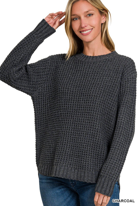 Charcoal Hi-low Long Sleeve Round Neck Waffle Sweater