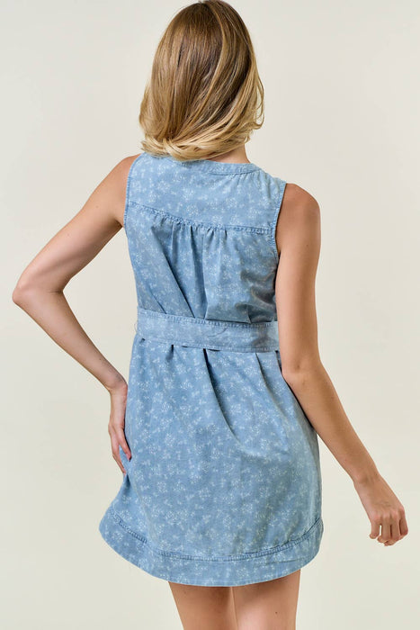 Floral Chambray Denim Split V-Neck Shirt Dress
