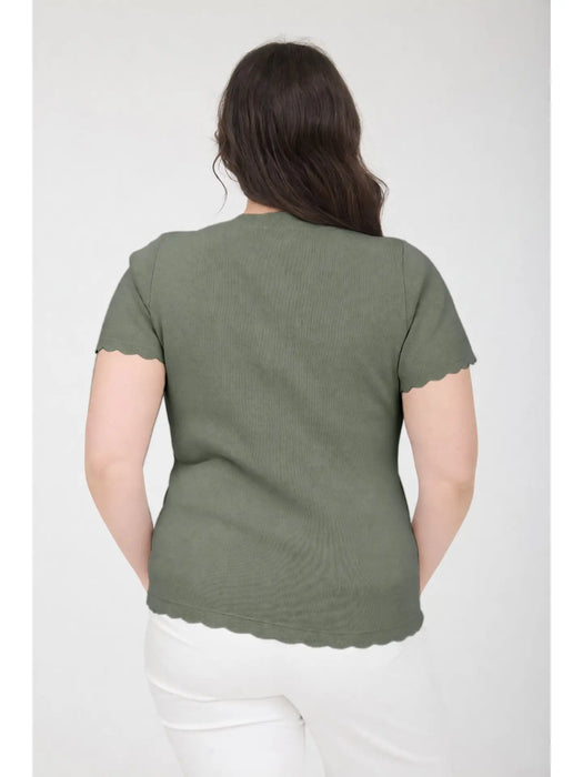 PLUS Olive Scalloped Short Sleeve Button Down Cardigan
