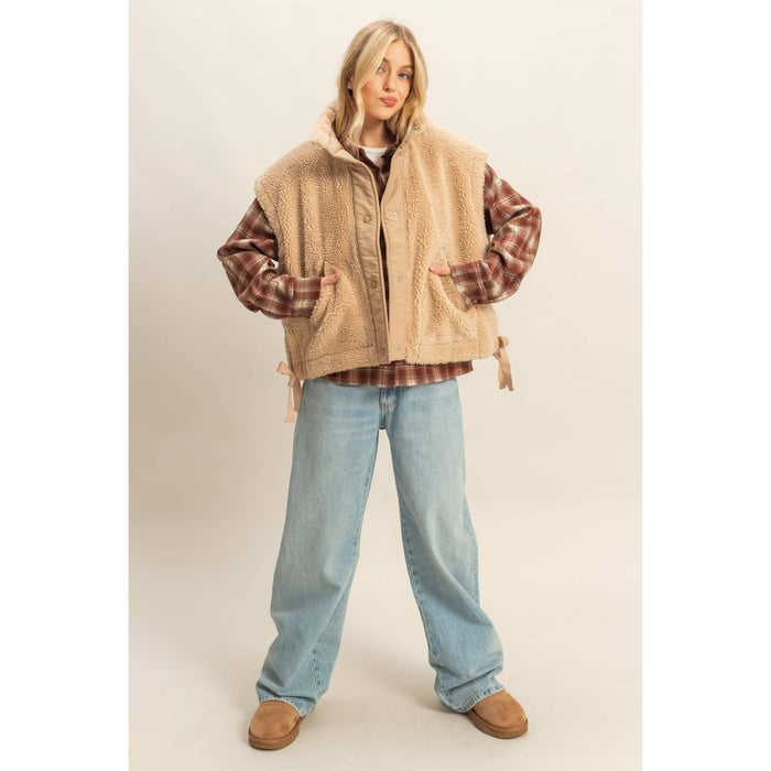 Beige Cozy Sherpa Vest Jacket with Tie-Up Side Details