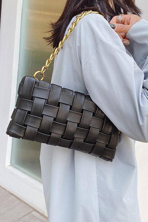 Black Soft Vegan Leather Woven Weaved Shoulder Bag