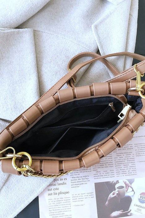 Black Soft Vegan Leather Woven Weaved Shoulder Bag