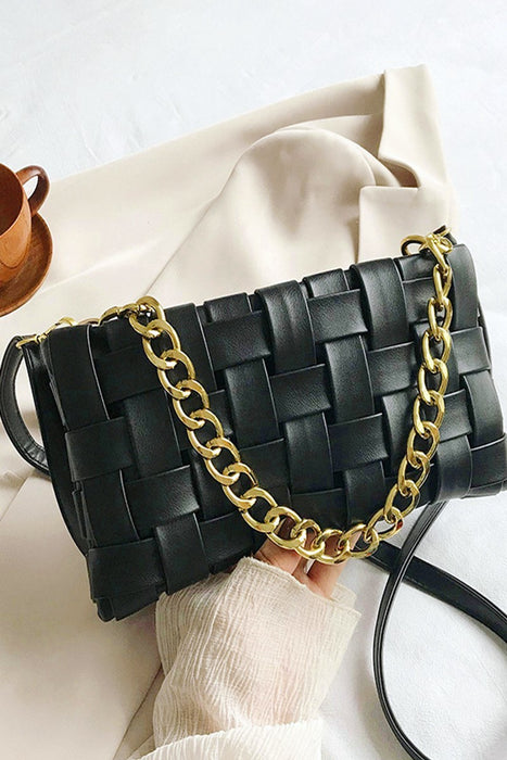 Black Soft Vegan Leather Woven Weaved Shoulder Bag