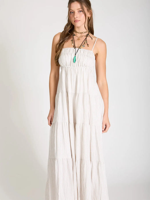 Mocha Stripe Shirred Empire Waist Tiered Midi Dress