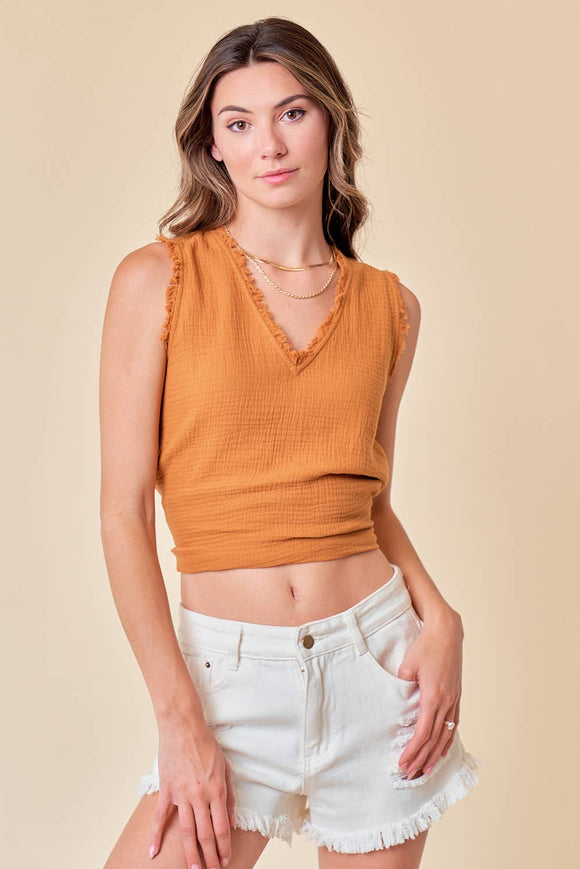 Copper Frayed V-Neck Sleeveless Top