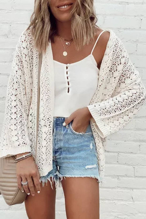 White Hollow Out Knit Drop Shoulder Cardigan