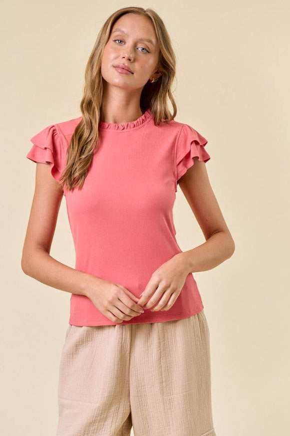 Soft Rib Ruffled Neck Butterfly Cap Sleeve Top - Coral
