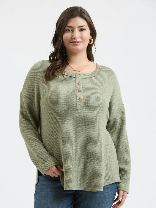 PLUS Light Olive Waffle Knit Henley Long Sleeve Knit Top