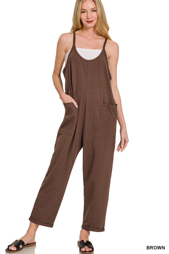 Brown Spaghetti Strap Pocketed Jumpsuit