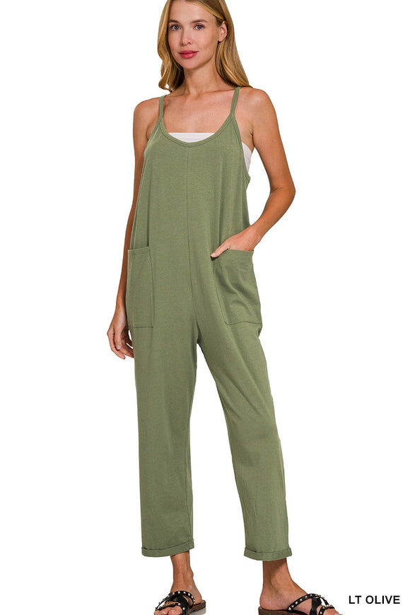 Olive Spaghetti Strap Pocketed Jumpsuit