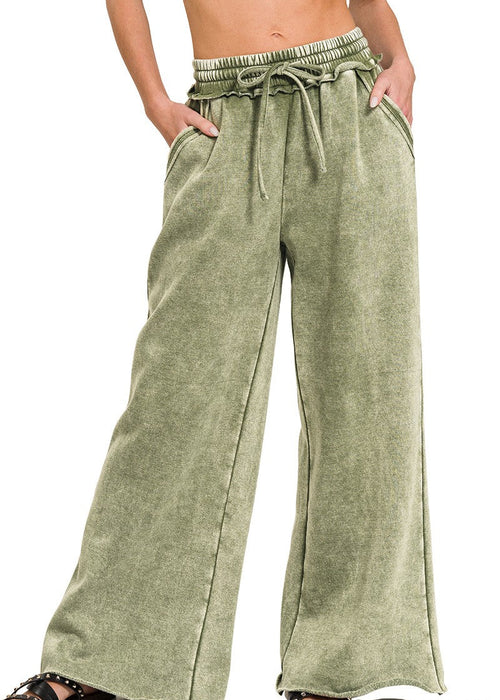 Light Olive Acid Wash Fleece Palazzo Sweatpants Pants