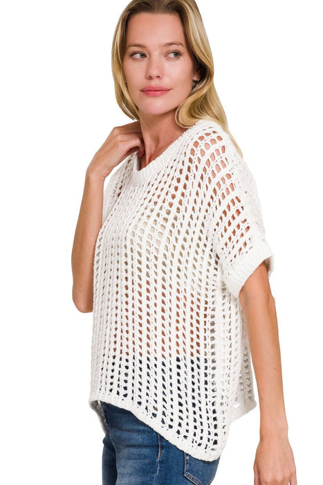 Fish Net Short Sleeve Crochet Sweater