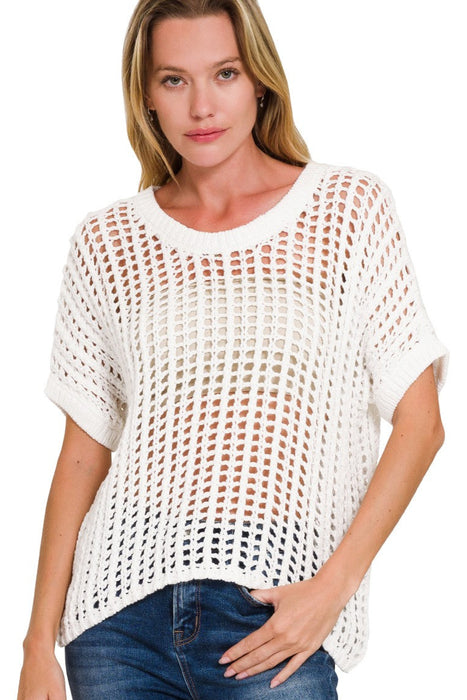 Fish Net Short Sleeve Crochet Sweater