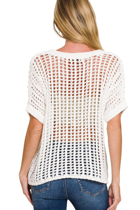 Fish Net Short Sleeve Crochet Sweater