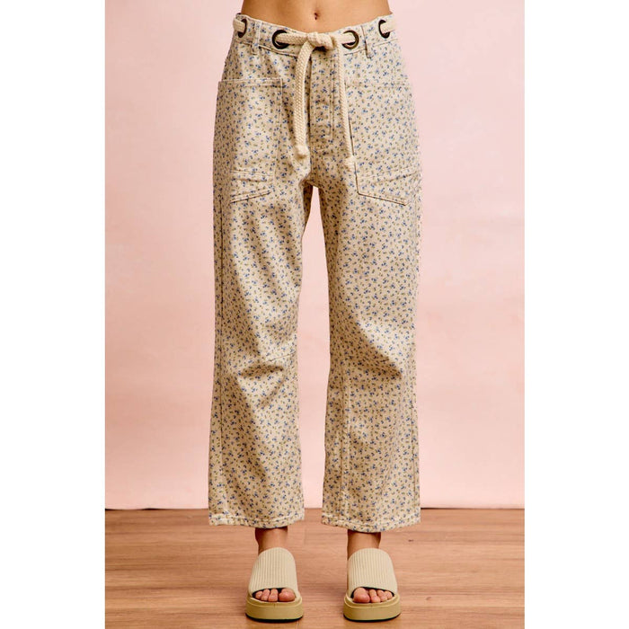 Braided Belt Patch Pocket Floral Print Pants