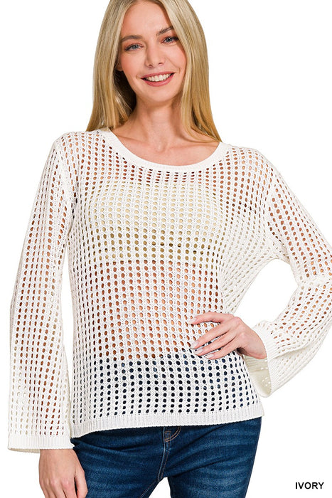 Crochet Knit Sheer Hollow Out Long Sleeve Sweater