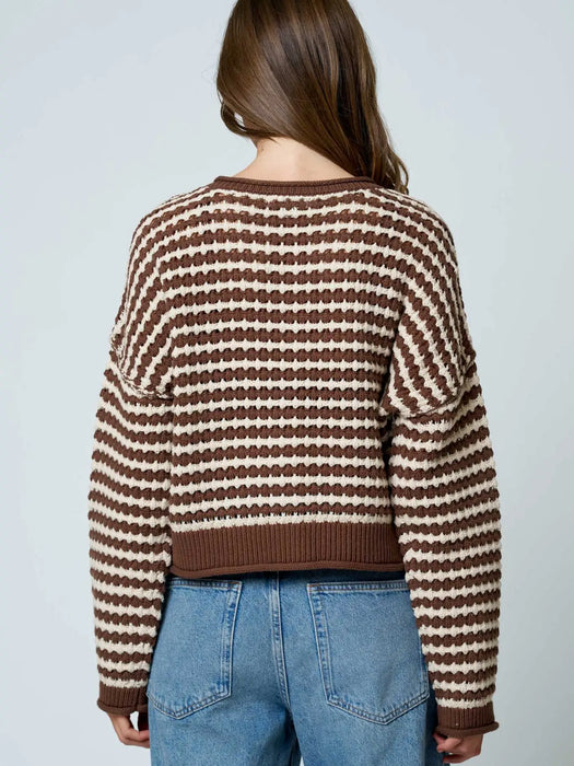Brown Textured Stripe Crochet Knit Button Down Cardigan