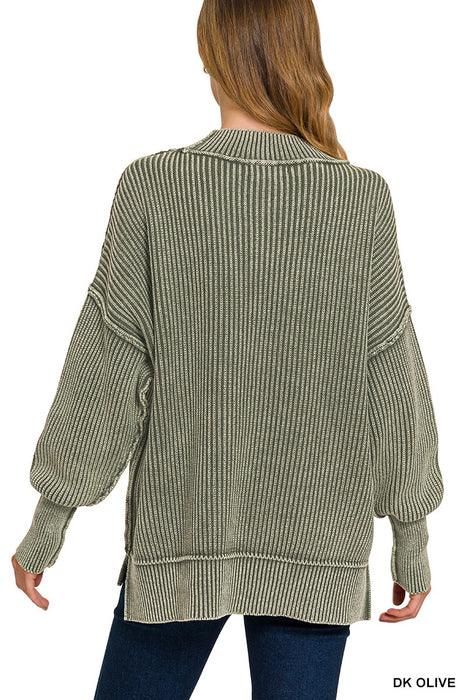 Dark Olive Washed Side Slit Oversized Sweater