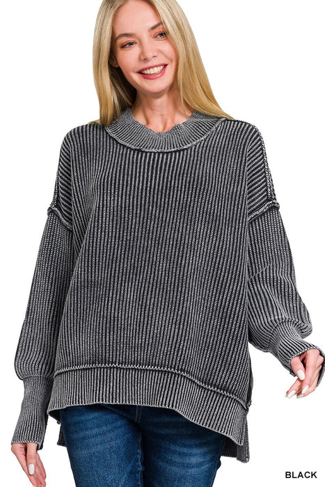 Black Washed Side Slit Oversized Sweater