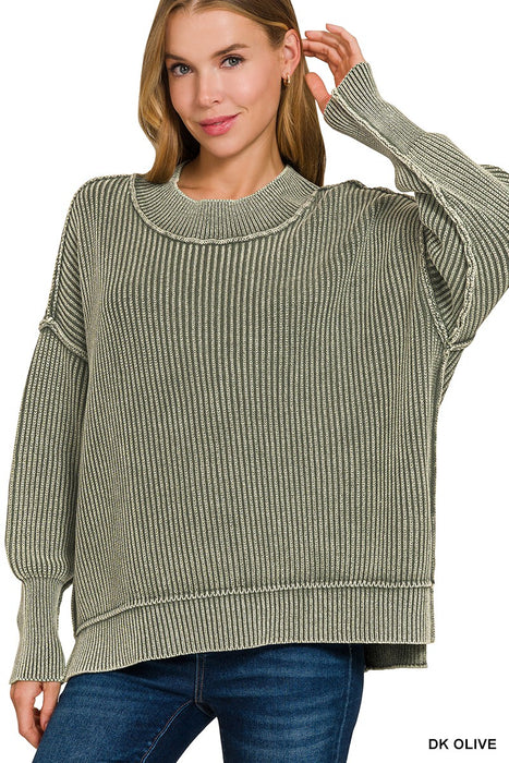 Dark Olive Washed Side Slit Oversized Sweater