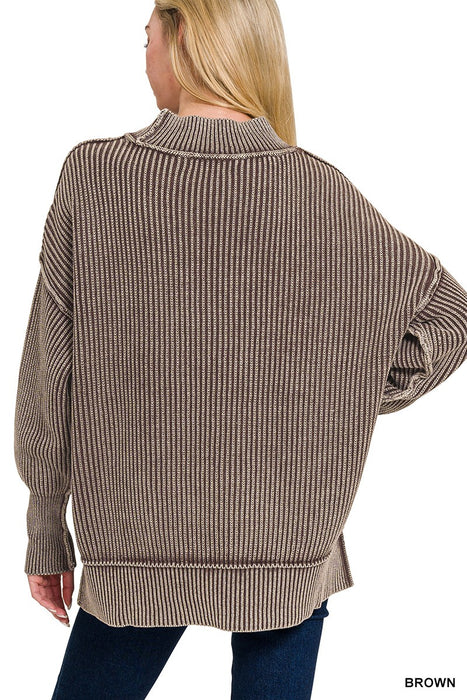 Brown Washed Side Slit Oversized Sweater