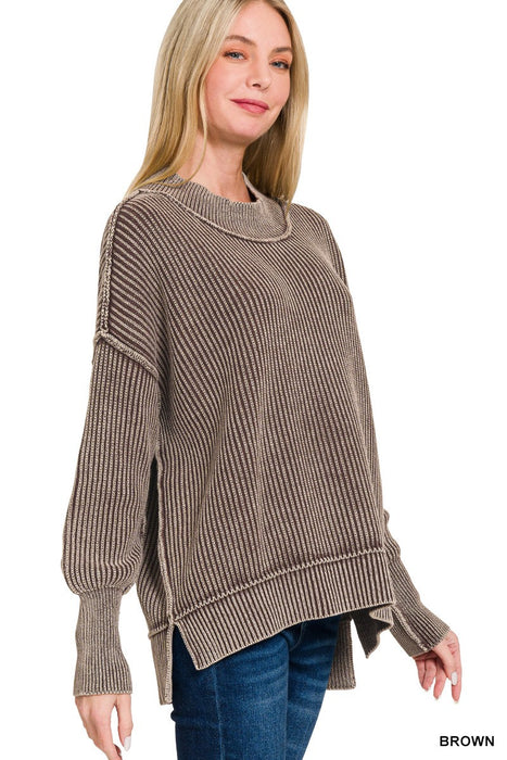 Brown Washed Side Slit Oversized Sweater