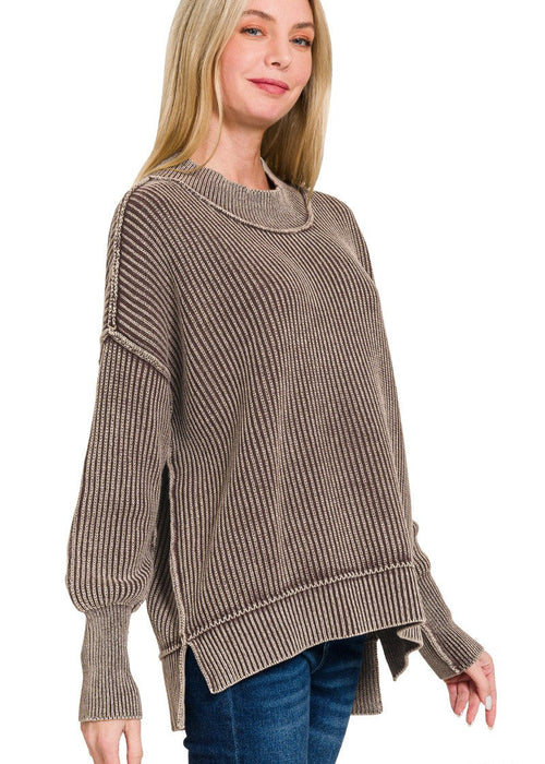 Brown Washed Side Slit Oversized Sweater