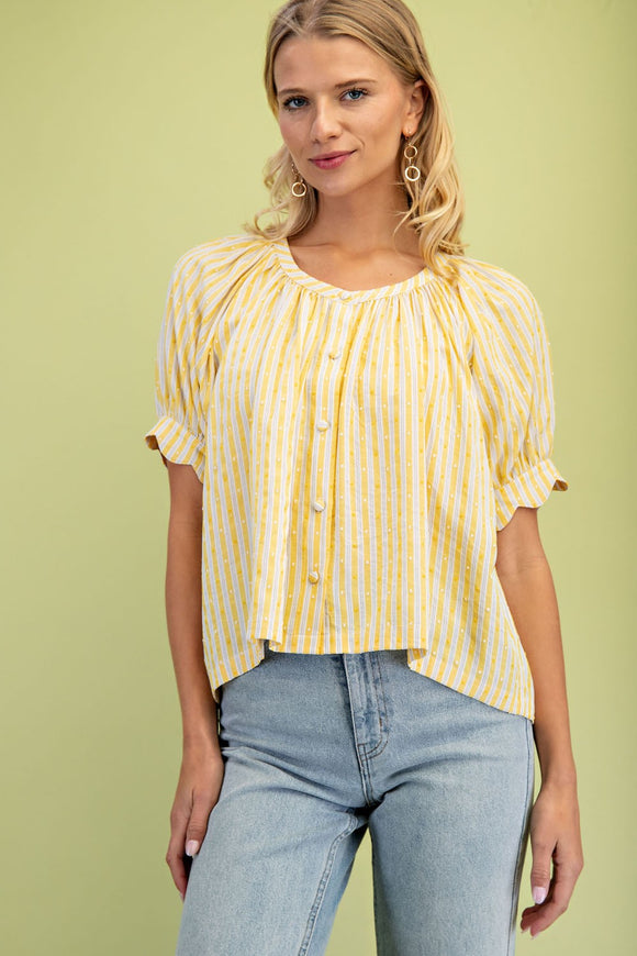 Striped Swiss Dot Round Neck Blouse