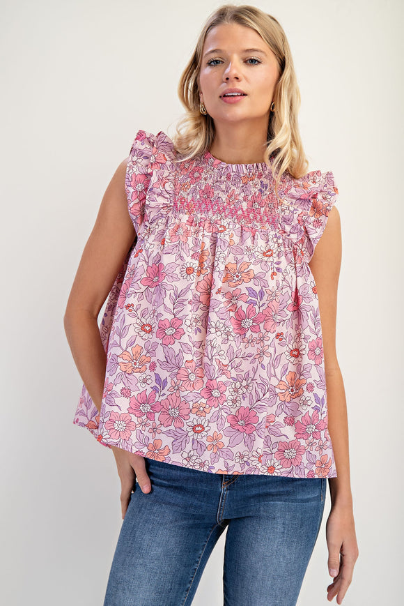 Floral Ruffle Sleeve Top - Pinks