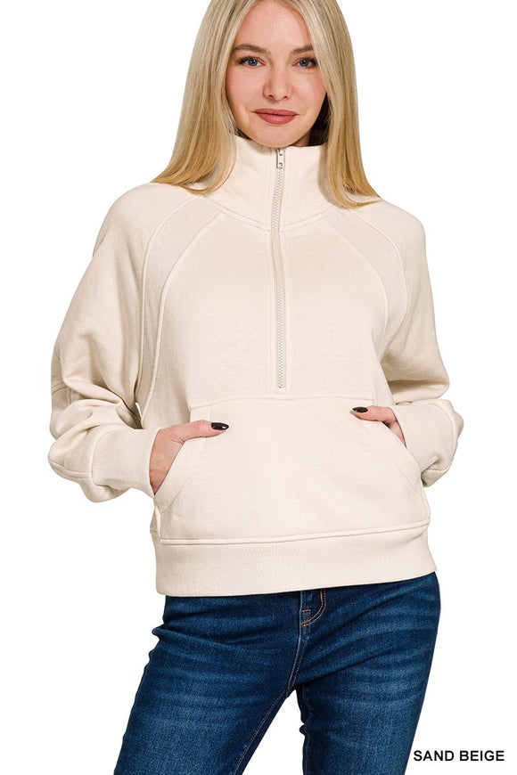 Sand Beige Half Zip Fleece Kangaroo Pocket Pullover